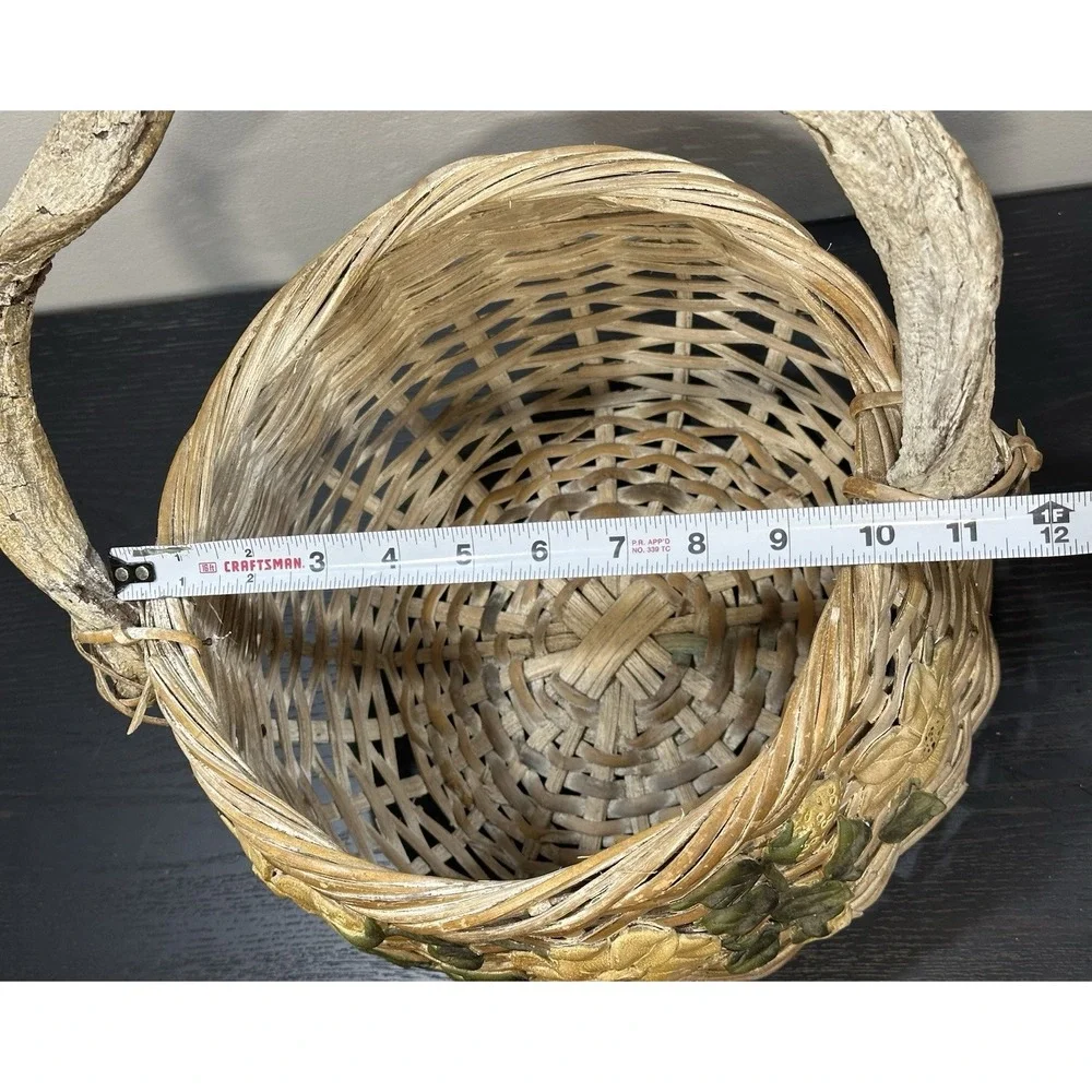 Vintage Wicker Basket Twig Handle 3D Yellow Flower Boho Cottagecore Gathering